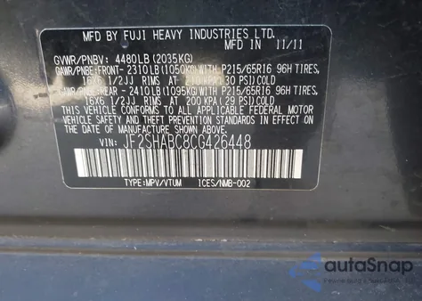 2012 Subaru Forester 2.5X from USA, damaged, VIN JF2SHABC8CG426448